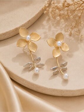 Gold & Silver Floral Pearl Drop Earrings – Women Jewelry